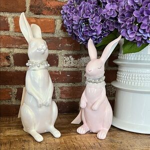 Rachel Zoe Pearlescent White and Pale Pink Bunny Figurine Duo